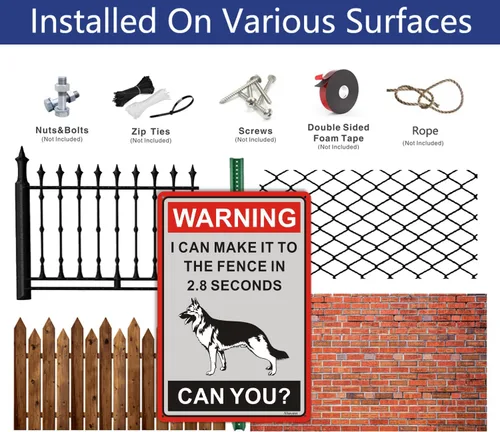 Vista 4 de Letrero de advertencia de pastor alemán con texto en inglés «Beware Of Dogs» con texto en inglés «I Can Make It to the Fence in 2.8 Sec. Letrero