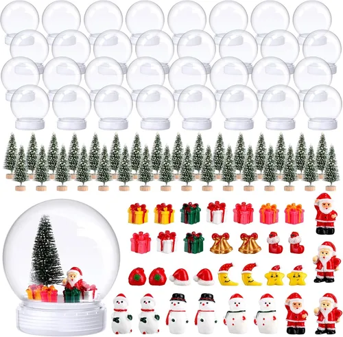 Vista 9 de Xinnun Kit de 48 piezas de 3.9 pulgadas de bolas de nieve de Navidad de plástico incluyendo 16 mini árboles de Navidad artificiales, 16 mini adornos