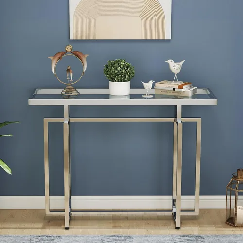 Vista 9 de ASYA Mesa consola de cristal para entrada, mesa de entrada moderna con vidrio templado y marco cromado, mesa de sofá plateada para sala de estar
