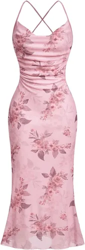 Vista 7 de SOLY HUX Vestido de malla floral para mujer, vestido largo para cóctel Estampado floral multicolor.