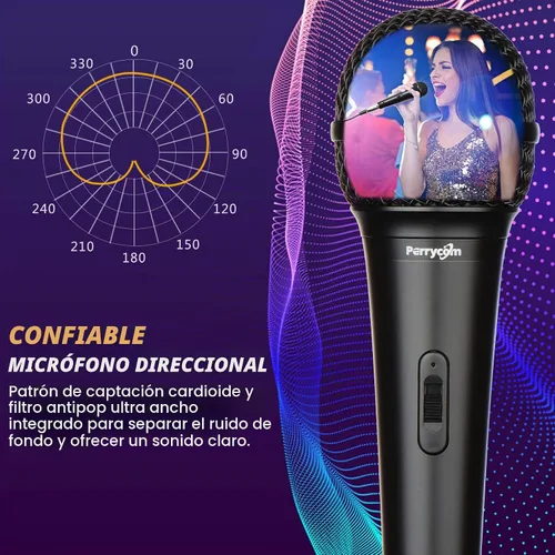Vista 4 de Micrófono de karaoke para cantar, micrófono dinámico Perrycom con interruptor de encendido y apagado, clip de micrófono de mano, micrófono XLR