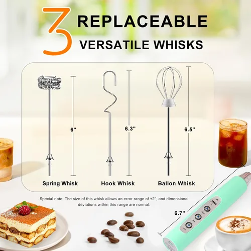 Vista 3 de YUSWKO Baby Blue - Varita espumadora de leche de mano para café, batidor eléctrico recargable con 3 cabezales, 3 velocidades, mezclador de bebidas