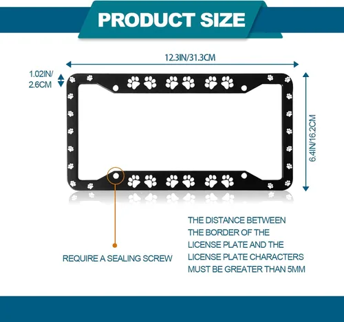 Vista 2 de Marco de placa con huellas de pata - 2 piezas de placa de matrícula personalizada de aluminio para automóvil con cubierta de huellas de pata