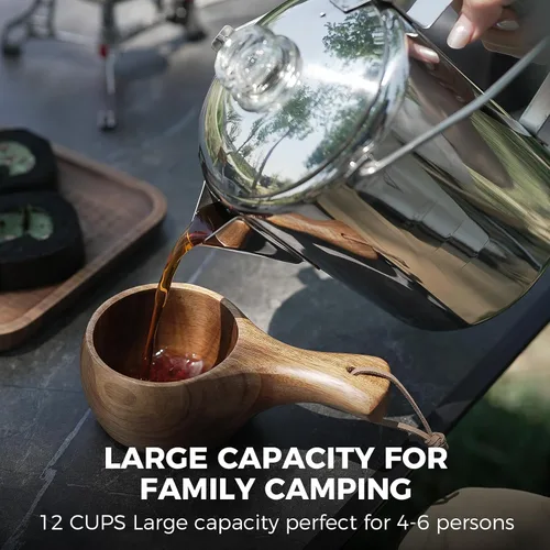 Vista 6 de KingCamp Percolator - Cafetera de acero inoxidable 304 con mango de madera para acampar al aire libre, cabina, caravana, cocina, caza y mochilero