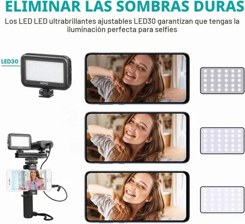 Vista 5 de Movo V8 - Kit de vlogging para iPhone con trípode, agarre, micrófonos, luces LED y vlog remoto inalámbrico, paquete de inicio de YouTube para Apple