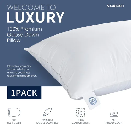 Vista 2 de Almohada de plumón 100% blanca canadiense, almohada de lujo para dormir de espalda, estómago y de lado, almohada de cama de 800 rellenos