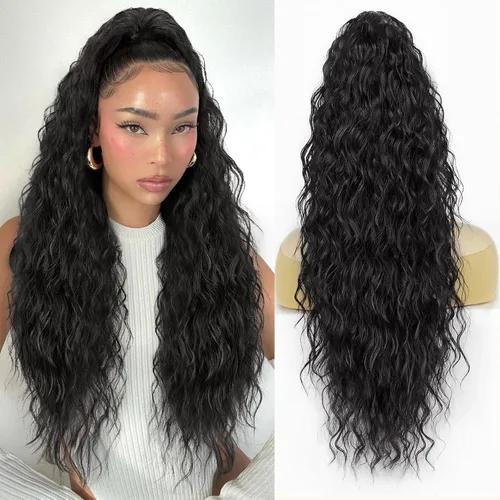 Vista 7 de Extensión de cola de caballo de 26 pulgadas de largo, color negro, para mujer, extensiones de cabello sintético largo rizado ondulado con clip