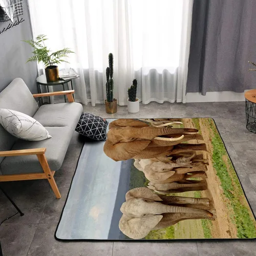 Vista 2 de Alfombra de esponja lavable para niños y niñas, dormitorio, sala de estar, elefante africano, exótico, selva, animales salvajes, antideslizante