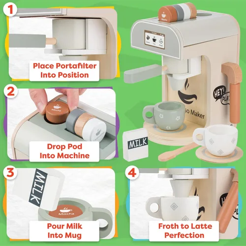 Vista 6 de Hey Play - Cafetera de juguete de madera para niños, 11 piezas, juego de cocina para niños con máquina de café expreso, accesorios de cocina