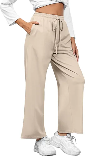 Vista 4 de Locoowai Paquete de 2 pantalones deportivos de pierna recta para mujer, con cordón, cintura elástica, holgados, pierna ancha, pantalones casuales