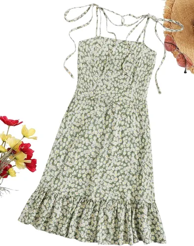 Vista 6 de SheIn - Vestido corto de verano con volantes para mujer estampado floral sin mangas con lazo en los hombros acampanado vestido de playa