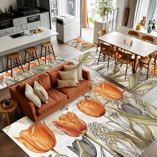 Vista 4 de 2x3 Area Rugs, Orange Flower Non Slip Area Rugs for Living Room, Bedroom, Barhroom, Entryway, Watercolor Retro Tulip Floral Butterfly Soft Kitchen