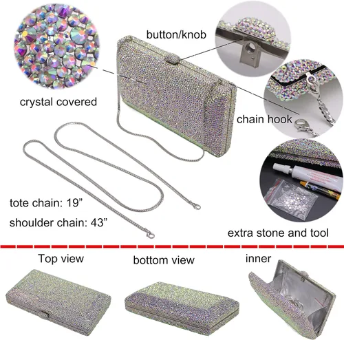 Vista 3 de Bestenda Bolso de mano de noche de cristal de novia plateado para boda bolsa de mano de fiesta de diamantes de imitación sólidos jumbo para cóctel