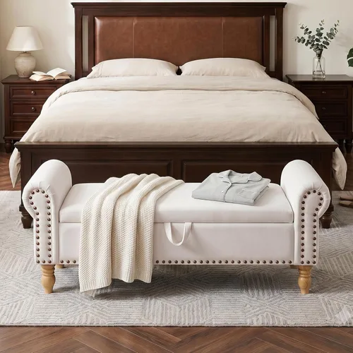 Vista 16 de Banco tapizado de pana de 55 pulgadas con brazos enrollados para dormitorio, color blanco