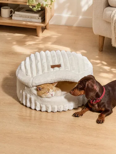 Vista 7 de FUKUMARU Cama tipo cueva para gatos, cama cerrada 2 en 1 para gatos de Crema