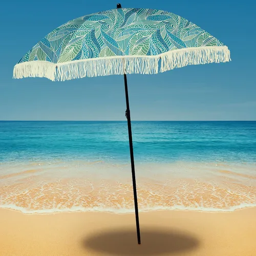 Vista 55 de Sombrilla de playa para arena, resistente al viento, con bolsa de anclaje de arena, portátil, flecos, bolsa de mezclilla, cuenta con parte inferior