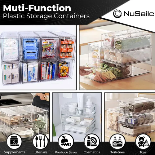 Vista 6 de Contenedores organizadores apilables para refrigerador, cajones extraíbles con asas, contenedores de almacenamiento de verduras y frutas