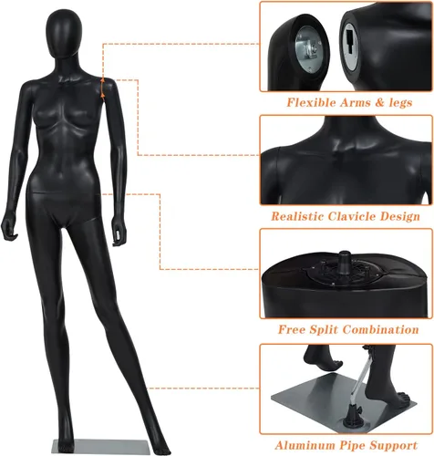 Vista 5 de Maniquí femenino de cuerpo completo de 70 pulgadas, forma de vestido de torso cuerpo de maniquí ajustable desmontable cuerpo completo con cabeza