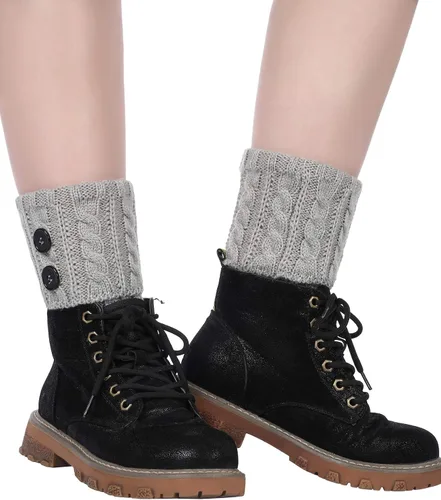 Vista 4 de Pangda 4 pares de calcetines de punto para botas con botones para mujer, calcetines cortos de punto de cable, Negro, blanco, beige y gris claro