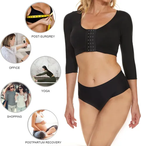 Vista 6 de Camisetas moldeadoras de brazos para mujer, mangas de compresión de brazos, cierre frontal, brasier moldeador de postura, camiseta sin mangas
