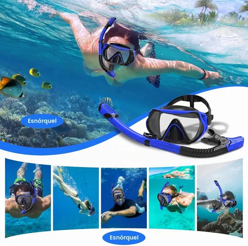 Vista 6 de Snorkeling Gear for Adults, Dry Snorkel Mask Set Anti-Fog Negro azul