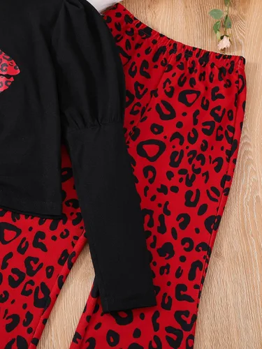 Vista 4 de WDIRARA Conjunto de 2 piezas para niña con estampado de leopardo y manga gigot