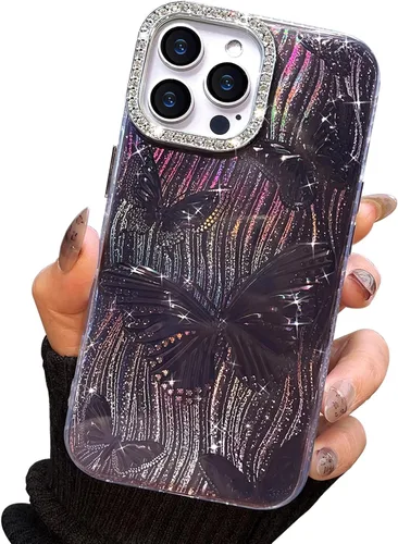 Vista 31 de I-MGAE-IN-AR Funda compacta para iPhone 11, diseño de mariposa, marco de protección de lente de cámara con diamante 3D, bonitas fundas protectoras