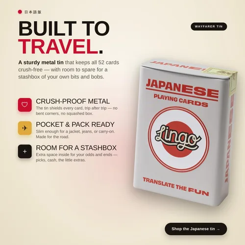 Vista 7 de Lingo - Juego de cartas japonesas en lata de viaje premium Aprende vocabulario japonés y frases para adultos y principiantes Caja de regalo