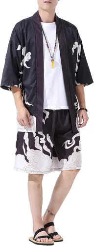 Vista 4 de PRIJOUHE Conjunto de kimono de estilo japonés para hombre, ligero, casual, con siete mangas, frente abierto, cárdigan y pantalones cortos