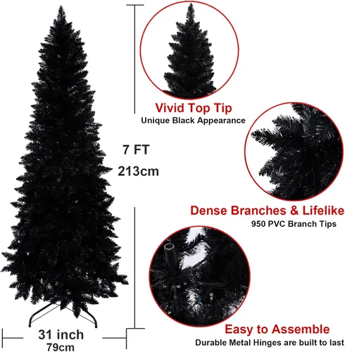 Vista 4 de Lápiz artificial de 7 pies delgado negro árbol de Navidad Halloween