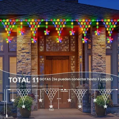 Vista 3 de Luces de Navidad para exteriores, 218 luces LED de cortina de Navidad de 13.8 pies, decoraciones de balcón al aire libre con 12 gotas de estrellas