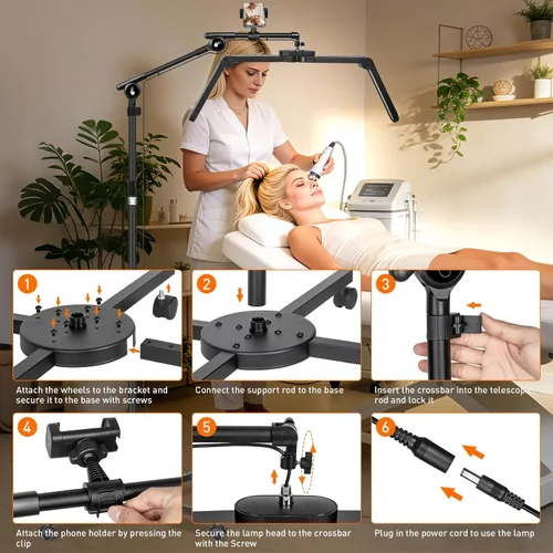 Vista 9 de KIRKAS Luz de media luna para extensiones de pestañas, tatuadores, luz LED de tecnología de pestañas mejorada con base rodante de 4 ruedas, lámpara