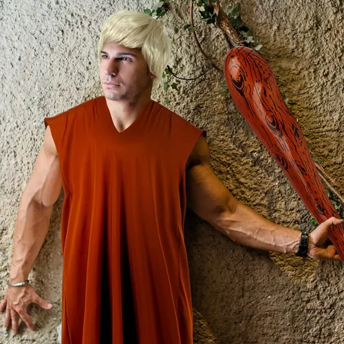 Vista 4 de Panitay 4 piezas de disfraces de hombre de la cueva para adultos, disfraz retro de cosplay, túnica marrón, auténticos y divertidos pies desnudos