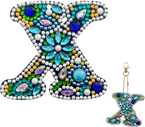 Vista 26 de YOYA Llavero de pintura de diamante de doble cara 5D, taladro completo A-Z, 26 letras de la A a la Z, kit de llaveros de arte de diamantes con gemas