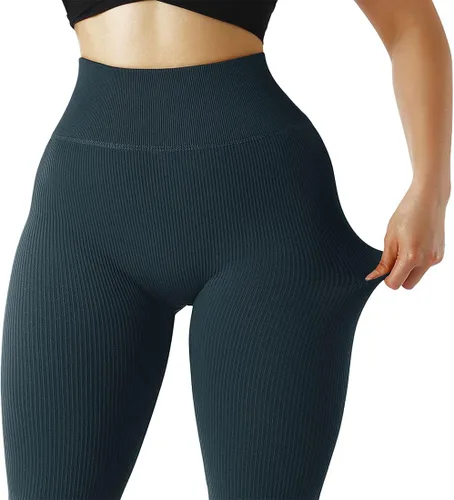 Vista 4 de SUUKSESS - Leggings acanalados de tiro alto sin costuras para mujer, pantalones deportivos de yoga para gimnasio y entrenamiento