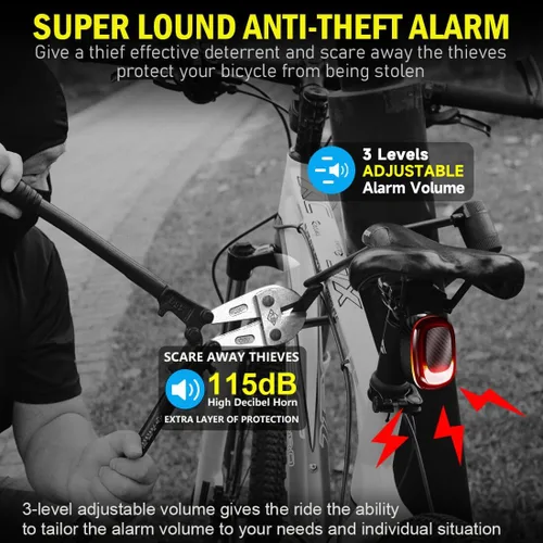 Vista 3 de PADONOW Luz trasera de bicicleta con alarma: luz trasera inalámbrica para bicicleta remota, USB-C, recargable, movimiento inteligente, antirrobo