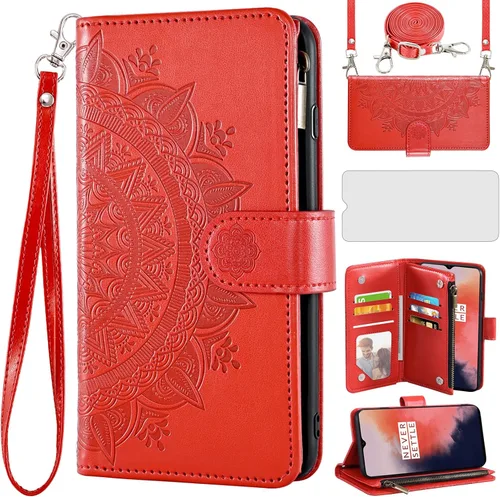 Vista 8 de Asuwish Funda de teléfono para OnePlus 7 6T Wallet Cell Cover con protector de pantalla con correa para la muñeca Mandala Flower Card Holder