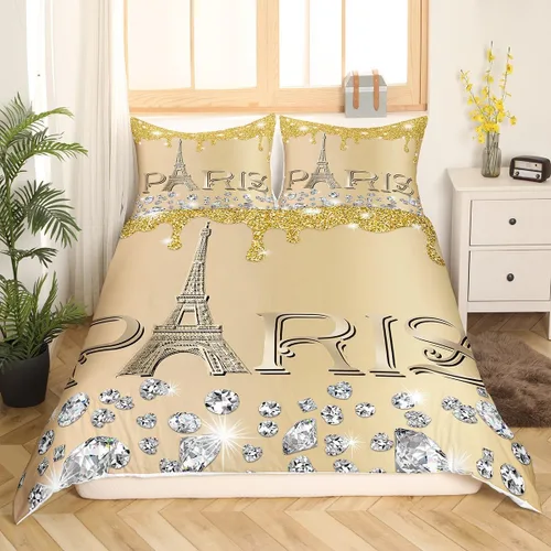 Vista 12 de Erosebridal Funda de edredón de la Torre Eiffel para niñas, juego de ropa de cama romántica de París azul, negro y blanco, funda de edredón