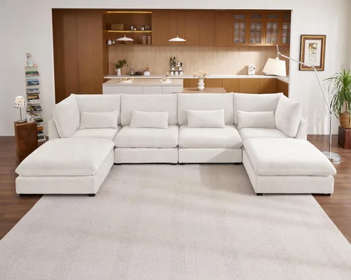 Vista 76 de Sofá Modular de Tamaño Grande, Sofá Seccional de Chenilla Cloud Extra Profundo con Chaise Otomana, Sofá Cama de Chenilla Esponjosa de 5 Asientos