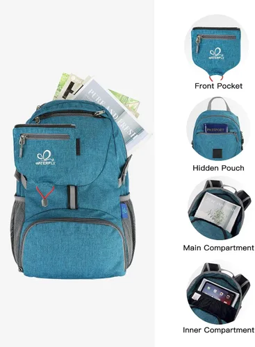 Vista 4 de WATERFLY Mochila pequeña ligera y plegable: mochila de 20 l ultra ligera, plegable, de senderismo, de viaje, de camping, de día, para hombre y mujer