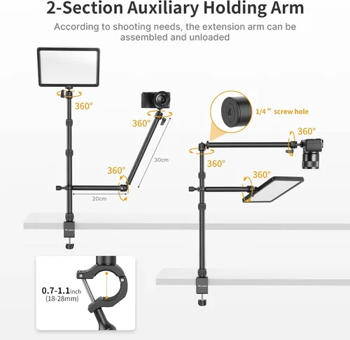 Vista 3 de jusmo Soporte de mesa de escritorio para cámara con 2 brazos de sujeción auxiliares y cabeza de bola, soporte de luz ajustable de 16.1 a 33.8