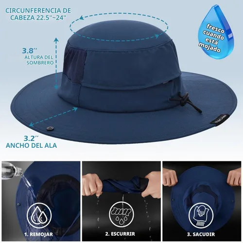 Vista 4 de Cooling Sun Bucket Hat, UPF 50+ Wide Brim Boonie Hat with Ponytail Hole 01 Azul marino