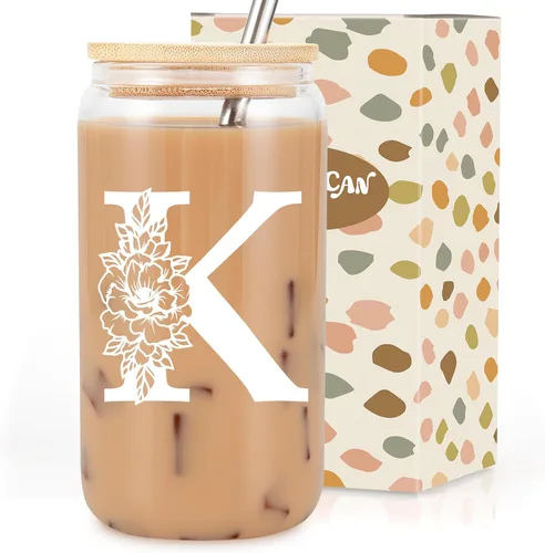 Vista 17 de Taza de Vidrio Inicial Coolife, Regalos Personalizados para Mujeres, Tazas de Vidrio de 16 oz con Tapas y Popotes, Taza para Café Helado, Licuado