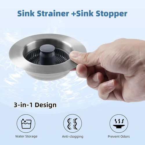 Vista 4 de Colador universal de acero inoxidable 3 en 1 para fregadero de cocina, tapón emergente para fregadero, cesta coladora para fregadero de cocina