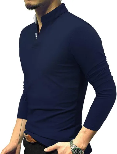 Vista 3 de LOGEEYAR Camisa polo de moda para hombre, de manga larga, ajustada, Henley, ropa de algodón piqué