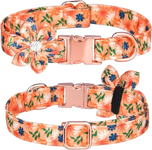 Vista 5 de Collar de cachorro con patrón floral, bonito collar de perro con flor de diamantes de imitación desmontable para perras (S, azul)