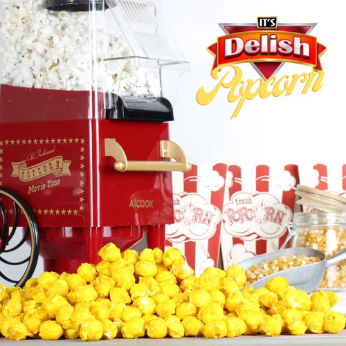 Vista 4 de Palomitas de maíz gourmet con sabor a plátano amarillo de It's Delish, envase jumbo de 16 oz Snack de pop corn aireado a granel - Temática frutal