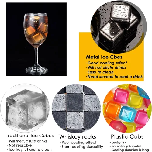 Vista 3 de Whiskey Stones - Paquete de 6 cubitos de hielo reutilizables de metal, tecnología de alta refrigeración, cubitos de hielo de acero inoxidable