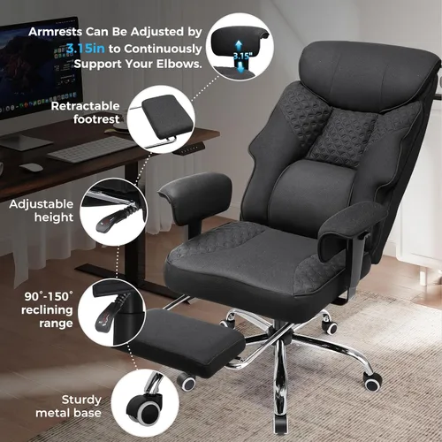 Vista 6 de GTRACING Silla de oficina grande y alta de 400LBS, ergonómica, de tela, diseño de lujo con relieve, silla para juegos con reposapiés, apoyabrazos