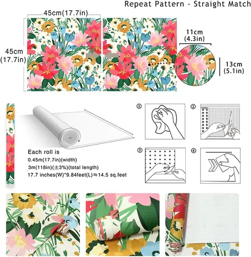 Vista 9 de Papel tapiz floral removible botánico de primavera para baño, papel tapiz botánico para inquilinos botánicos, papel tapiz de contacto de flores